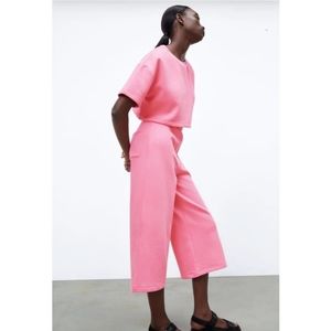 Zara Crop Wide Leg Plush Pants in Pink